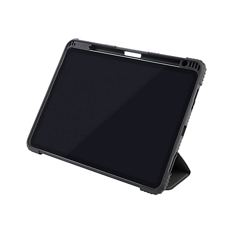Schwarzes Tablet in SchutzhÃ¼lle, mit StÃ¤nder, schrÃ¤g vor weiÃŸem Hintergrund.