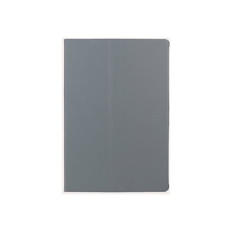 Graue Tablet-Hülle, geschlossen. Auf der Vorderseite ein kleines Logo.