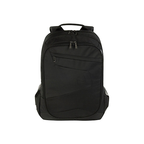 Schwarzer Rucksack mit mehreren FÃ¤chern und ReiÃŸverschlÃ¼ssen. Auf hellem Hintergrund.