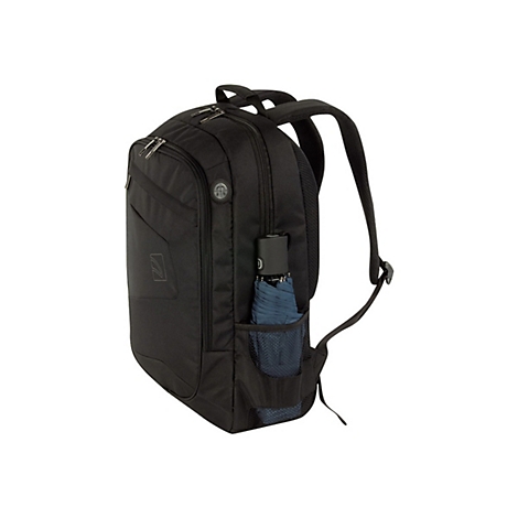 Schwarzer Rucksack mit einer blauen Regenbogenschirm in der Seitentasche. Der Rucksack hat mehrere FÃ¤cher und ReiÃŸverschlÃ¼sse.