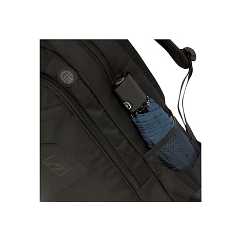 Schwarzer Rucksack mit Netzseitentasche und blauem Regenschirm.