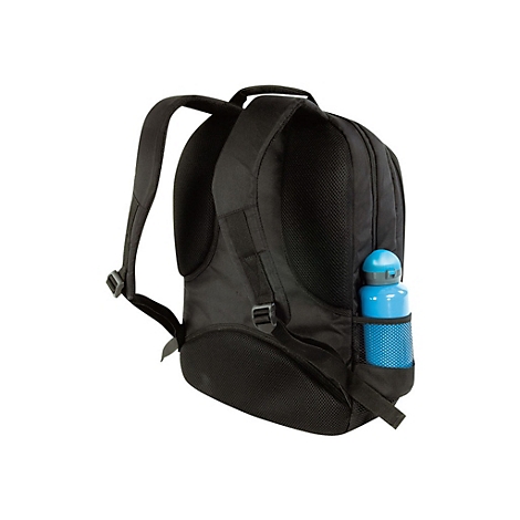 Schwarzer Rucksack mit blauer Trinkflasche in der Seitentasche. Gepolsterte Schultergurte und Griff.