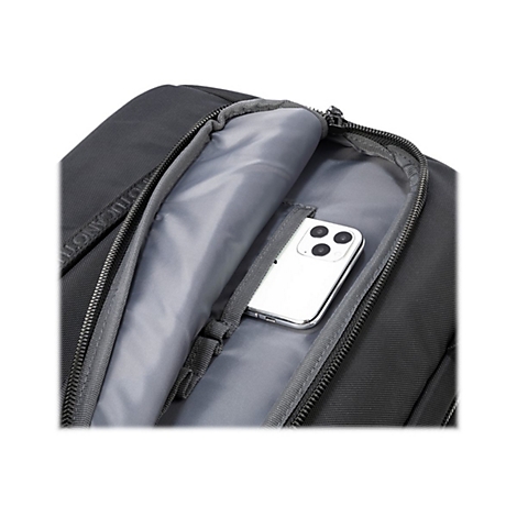 Schwarzer Rucksack mit offenem ReiÃŸverschluss, Innentasche mit weiÃŸem Smartphone.