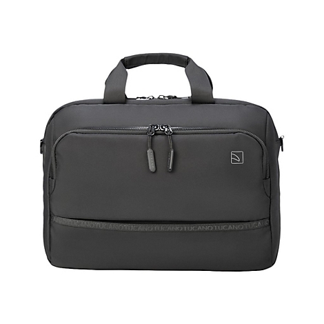Dunkelgraue Laptoptasche mit Griff, ReiÃŸverschluss und Logo.