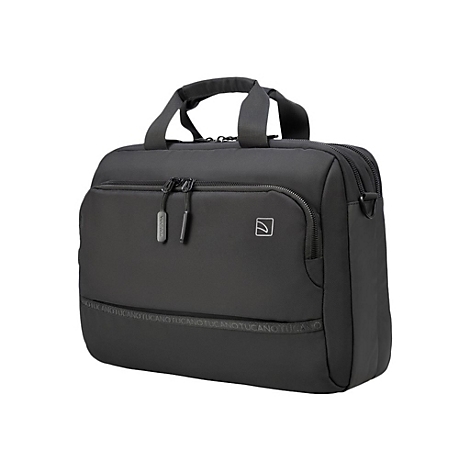 Schwarze Laptoptasche mit Henkeln und ReiÃŸverschlÃ¼ssen. Auf der Vorderseite ist ein Logo abgebildet.