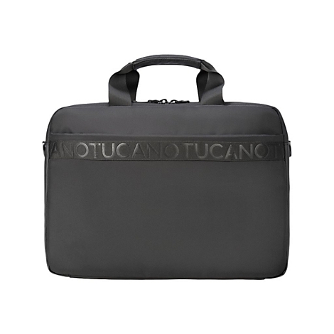 Schwarze Laptoptasche mit Tragegriff, auf der ein Logo steht.