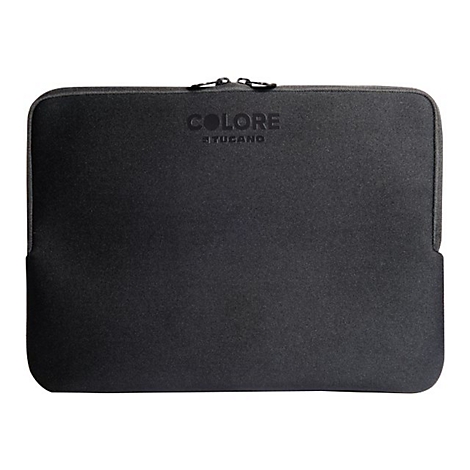 Schwarze Laptoptasche mit ReiÃŸverschluss und Schriftzug COLORE BY TUCANO.