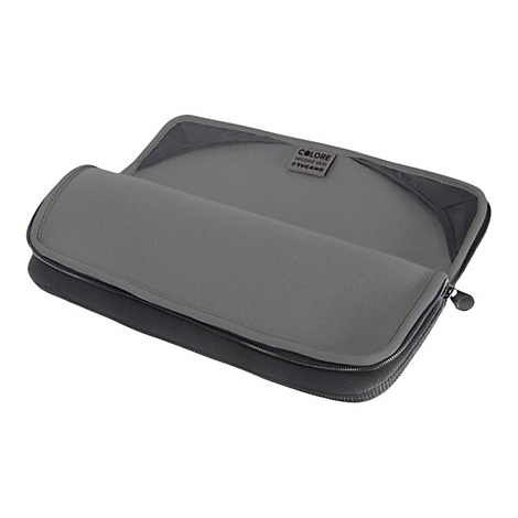 Eine halb geÃ¶ffnete schwarze Laptoptasche mit grauem Innenfutter und dem Etikett COLORE.
