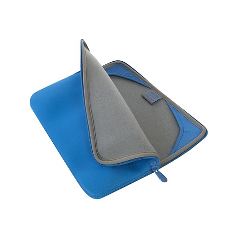 Blaues Laptop-Case, teilweise geÃ¶ffnet. Innen grau, auÃŸen blau. ReiÃŸverschluss und grauer Rahmen.