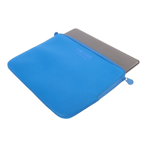 Blaues Laptoptasche-Etui, COLORE-Logo, ReiÃŸverschluss. Ein grauer Laptop ist teilweise zu sehen.