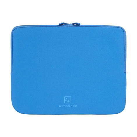 Blaue Laptoptasche mit ReiÃŸverschluss und Logo. Aufschrift 'second skin'.