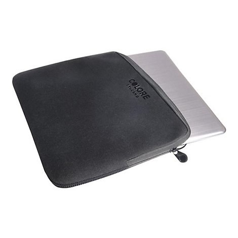Schwarze Laptoptasche mit teilweisem silbernen Laptop. Auf der Tasche steht COLORE TUCANO.