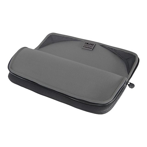 Offene, graue Laptoptasche mit ReiÃŸverschluss, innen hellgrau, mit Logo.