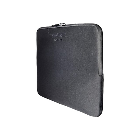 Schwarze Laptoptasche mit ReiÃŸverschluss und Logo, vor weiÃŸem Hintergrund.