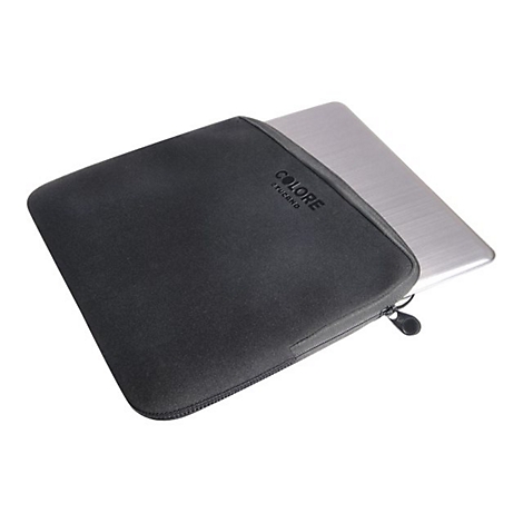Schwarze Laptoptasche mit ReiÃŸverschluss. Der Laptop ist teilweise sichtbar.