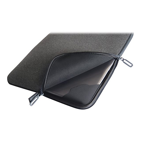 Graue Laptoptasche mit ReiÃŸverschluss, geÃ¶ffnet.