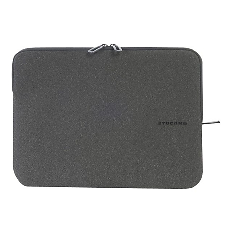 Dunkelgraue Laptoptasche mit ReiÃŸverschluss und Logo. Sieht aus wie Filz.