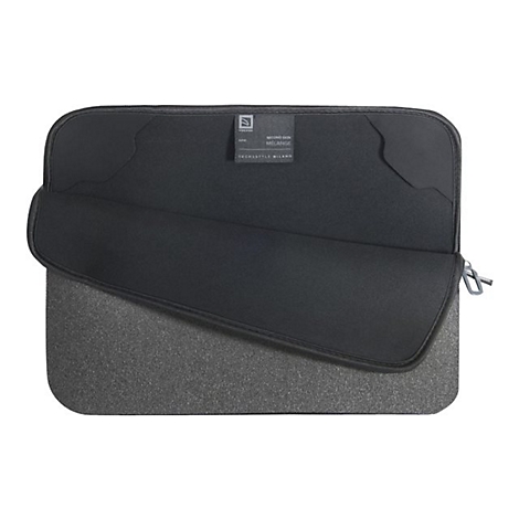 Graue Laptoptasche mit schwarzer Innenseite. GeÃ¶ffnet, mit ReiÃŸverschluss und Label.