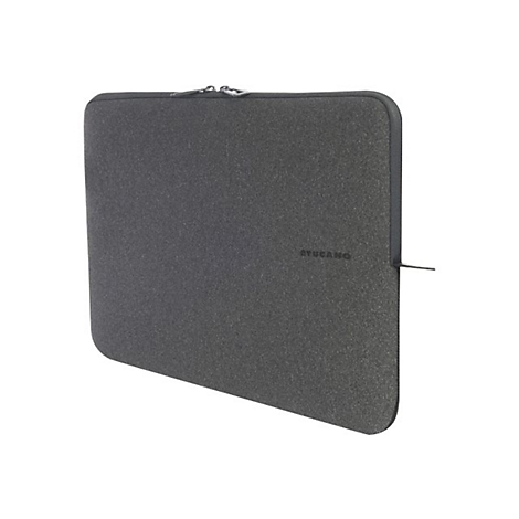 Dunkelgraue Laptop-Tasche mit ReiÃŸverschluss und Firmenlogo. Vor weiÃŸem Hintergrund.