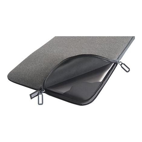 Graue Laptoptasche, halb geÃ¶ffnet, mit schwarzem ReiÃŸverschluss. Innen ein Laptop sichtbar.