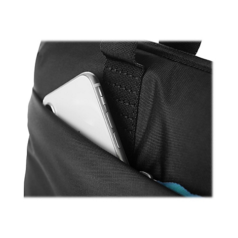 Schwarz Stofftasche mit einem Handy in der AuÃŸentasche.