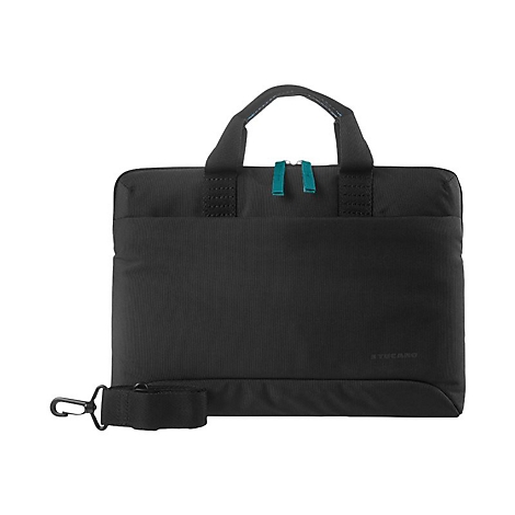 Schwarze Laptoptasche mit blau-grÃ¼nen ReiÃŸverschlÃ¼ssen und Henkeln. Ein abnehmbarer Schultergurt liegt unten.