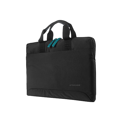 Schwarze Laptoptasche mit Griffen, teal-farbenen ReiÃŸverschlÃ¼ssen und Markenlogo.