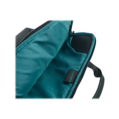 Nahaufnahme einer schwarzen Laptoptasche mit tÃ¼rkisblauem Innenfutter. Ein ReiÃŸverschluss ist geÃ¶ffnet, der Innenraum sichtbar.