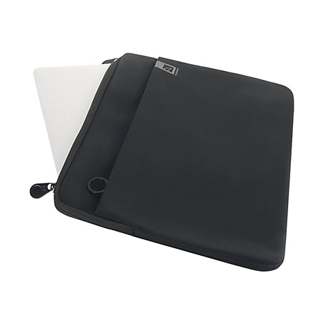 Schwarze Laptoptasche mit ReiÃŸverschluss, teilweise geÃ¶ffnet, ein Laptop ragt hervor.