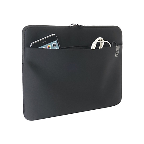 Schwarze Laptoptasche mit ReiÃŸverschluss und einer Tasche mit Smartphone und KopfhÃ¶rerkabel.