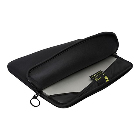 Schwarze Laptoptasche, geÃ¶ffnet, mit ReiÃŸverschluss, innen grauer Stoff, Etikett.