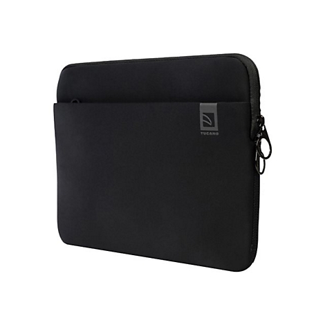 Schwarze Laptoptasche mit ReiÃŸverschluss und Logo. Eine kleine ReiÃŸverschlusstasche auf der Vorderseite.