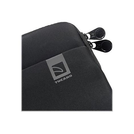 Nahe Aufnahme einer schwarzen Tucano Laptoptasche. Der ReiÃŸverschluss ist teilweise geÃ¶ffnet.