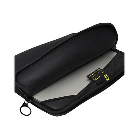 Schwarze Laptop-Tasche, teilweise geÃ¶ffnet, mit ReiÃŸverschluss und Laptop im Inneren.