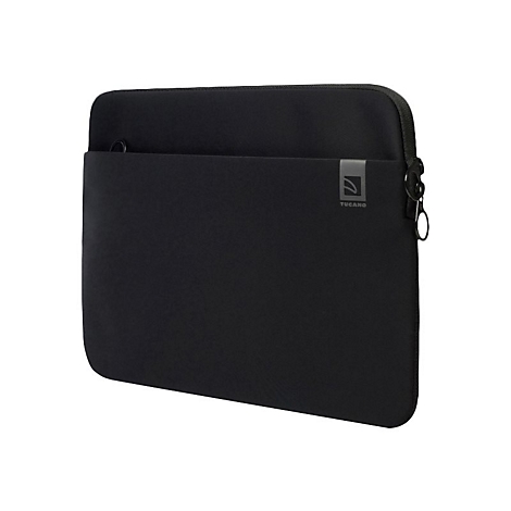 Schwarze Laptoptasche mit ReiÃŸverschluss und dem Logo Tucano.