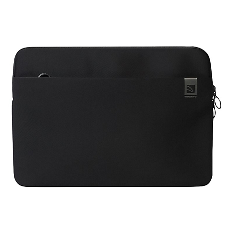Schwarze Laptoptasche mit einer ReiÃŸverschlusstasche und einem Logo.