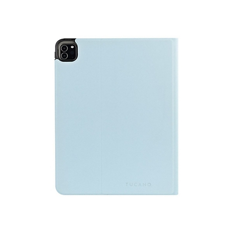 Hellblaues iPad Cover von Tucano, auf weiÃŸem Hintergrund. Die Kamerainsel ist oben links zu sehen.