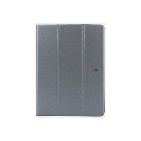 Graues Tablet-Cover mit feiner Struktur und Logo in der Ecke.