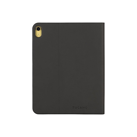 Dunkelgraue Tablet-HÃ¼lle mit goldfarbenem Kamerarand und Aufschrift TUCANO.