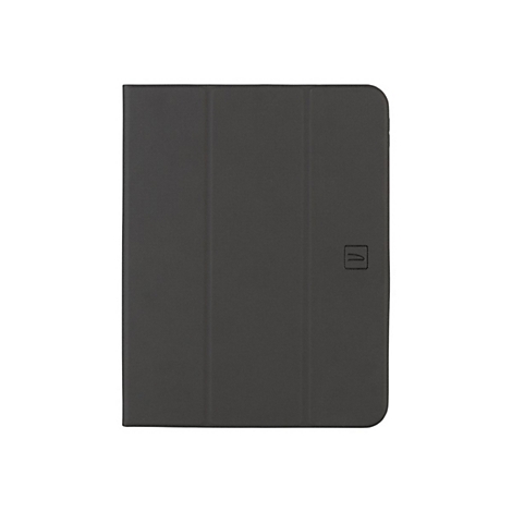 Graue Tablet-HÃ¼lle mit Logo. HÃ¼lle mit dreifacher Faltfunktion.