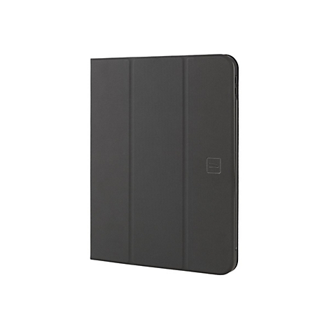 Dunkelgraue Tablet-HÃ¼lle im Dreifach-Design. Die HÃ¼lle ist geschlossen und die Vorderseite ist leicht strukturiert. Auf der Vorderseite befindet sich ein kleines Quadrat.