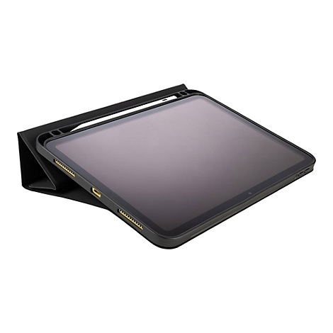 Ein schwarzes Tablet in einer SchutzhÃ¼lle. Das Tablet ist leicht angewinkelt und der Bildschirm ist dunkel.