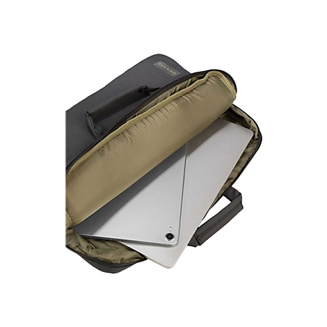 Ein Tablet in einer schwarzen Laptoptasche. Innenfutter beige. Griff der Tasche rechts unten.