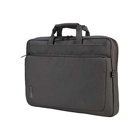 Dunkelgraue Laptoptasche mit Tragegriff und ReiÃŸverschlÃ¼ssen, Label Tucano.