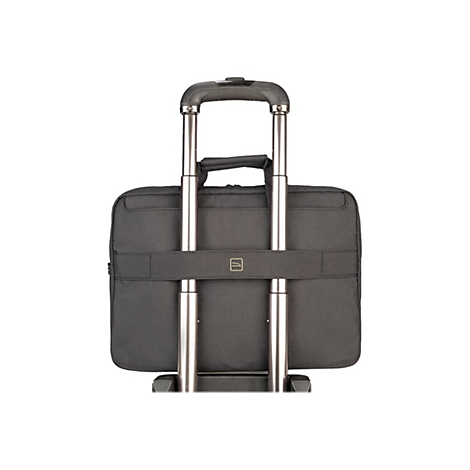 Schwarze Laptoptasche mit ausziehbarem Griff und Rollen, Nahaufnahme.