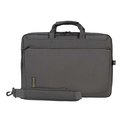 Dunkelgraue Laptoptasche mit Tragegriff und Schulterriemen. Auf der Tasche steht Tucano.