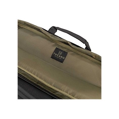 Innenansicht einer olivgrÃ¼nen Laptoptasche mit Griff. Kleines Etikett mit 'Tucano' Logo.