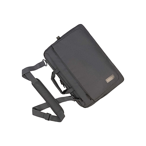 Schwarze Laptoptasche mit Schulterriemen. Sie liegt diagonal im Bild.