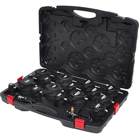 Schwarzer Werkzeugkoffer mit verschiedenen runden Werkzeugen. Rote Verschlüsse. Deckel offen.