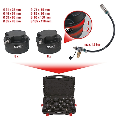 Schwarzer Werkzeugkoffer mit diversen Adaptern, Druckschläuchen und Größenangaben. Zusätzliche Detailansicht eines Adapters.